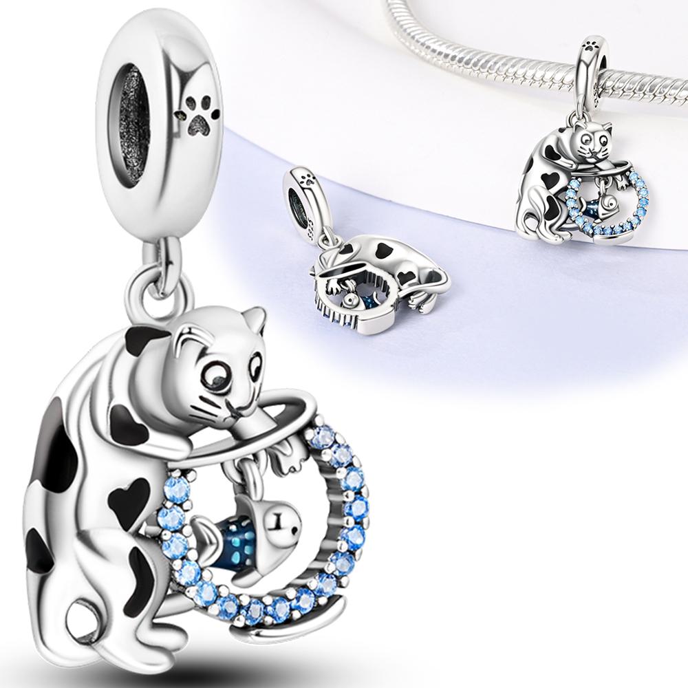

Charms Plata Cat Catching Fish Blue Zircon Pendants Fit Original Bracelets Charms For Women Jewelry Diy Making Gifts