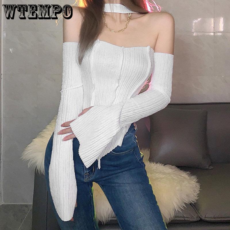 WTEMPO Casual Off Shoulder Halter T-Shirts for Women Spring Streetwear Stretchy Wild Slim Y2K Basic Tops