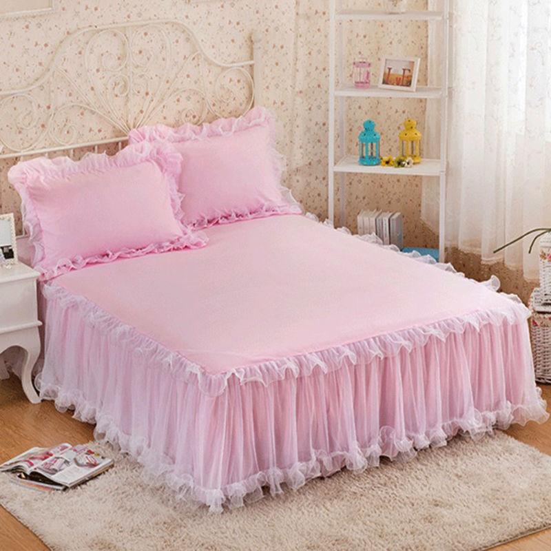 3 Pink Lace Bed Skirts Ruffle Edge Mesh Protective Bedspread Thickened Anti Slip and Dustproof Bed Sheets and Pillowcases
