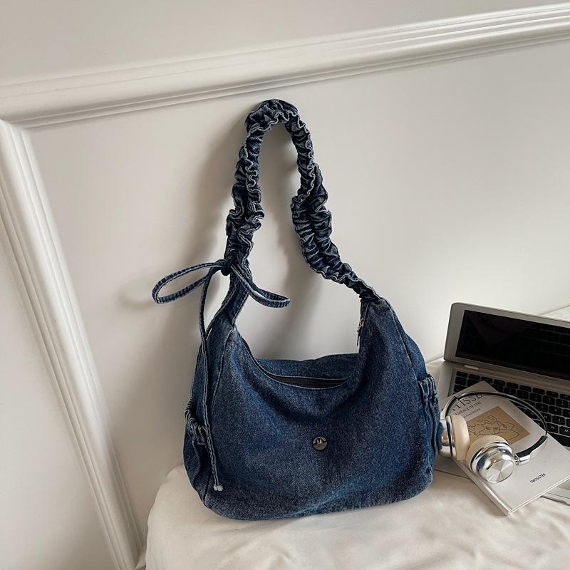 Dámská džínová ležérní taška s horní rukojetí v korejském stylu, módní crossbody taška, ležérní, volně složená, se stahovací šňůrkou, texturovaná a jednoduché úložné tašky