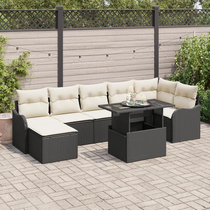 Ensemble de Canapé de Jardin de 8 Pièces avec Coussins Noir Rattan Poly, Canapé de Jardin 2 Places avec Rangement & Coussins 3357240
