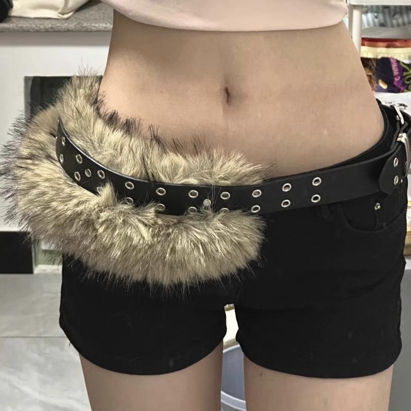 

Punk PU Studded Fur Belt Y2k Vintage Faux Fur Rhinestone Patchwork Belt Metal Plush Waist Chain Furry Waistband Jeans Belts чёрный