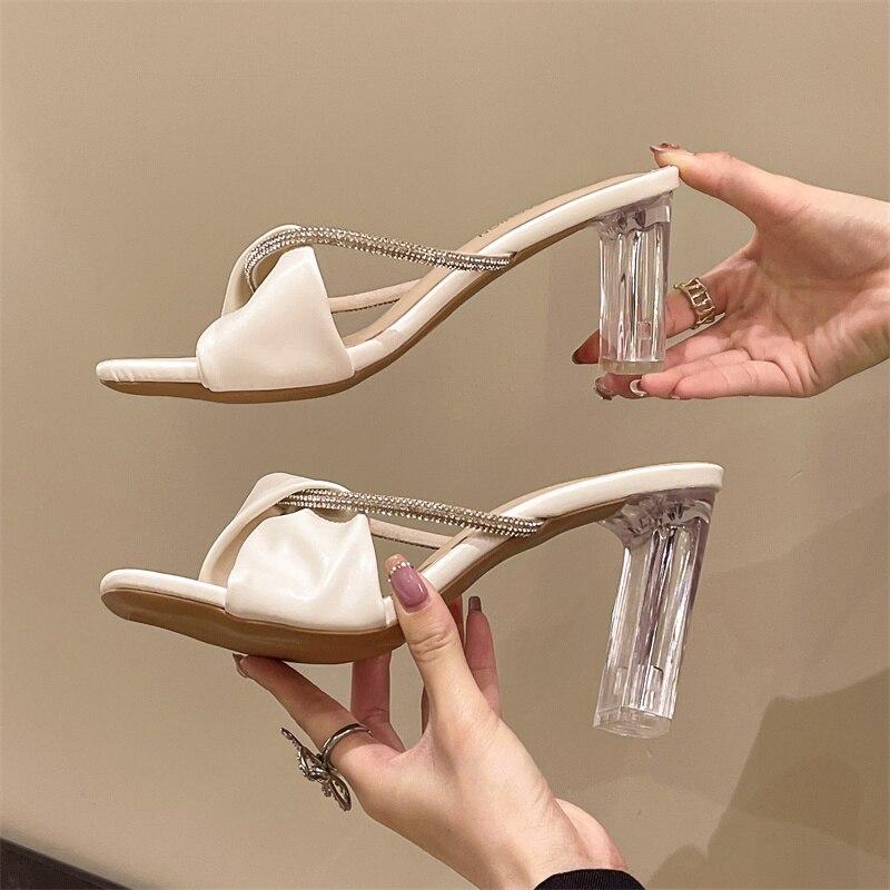 Leisure Slippers Women Basic Slides Casual Transparent Square High Heels Shoes for Women Bling Pleated Summer Slippers