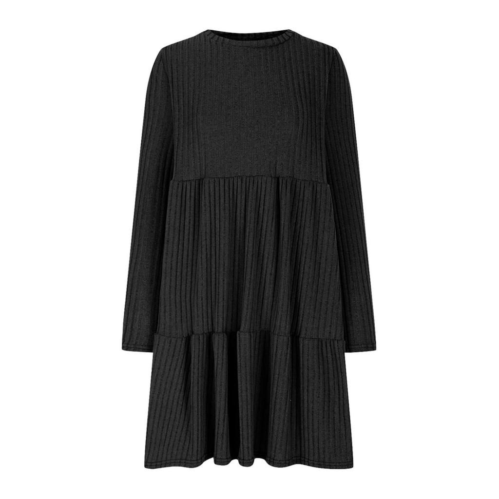 Langärmliges Damenkleid, lässiges Strickkleid mit Rundhalsausschnitt und knielangen Kleidern mit Taschen