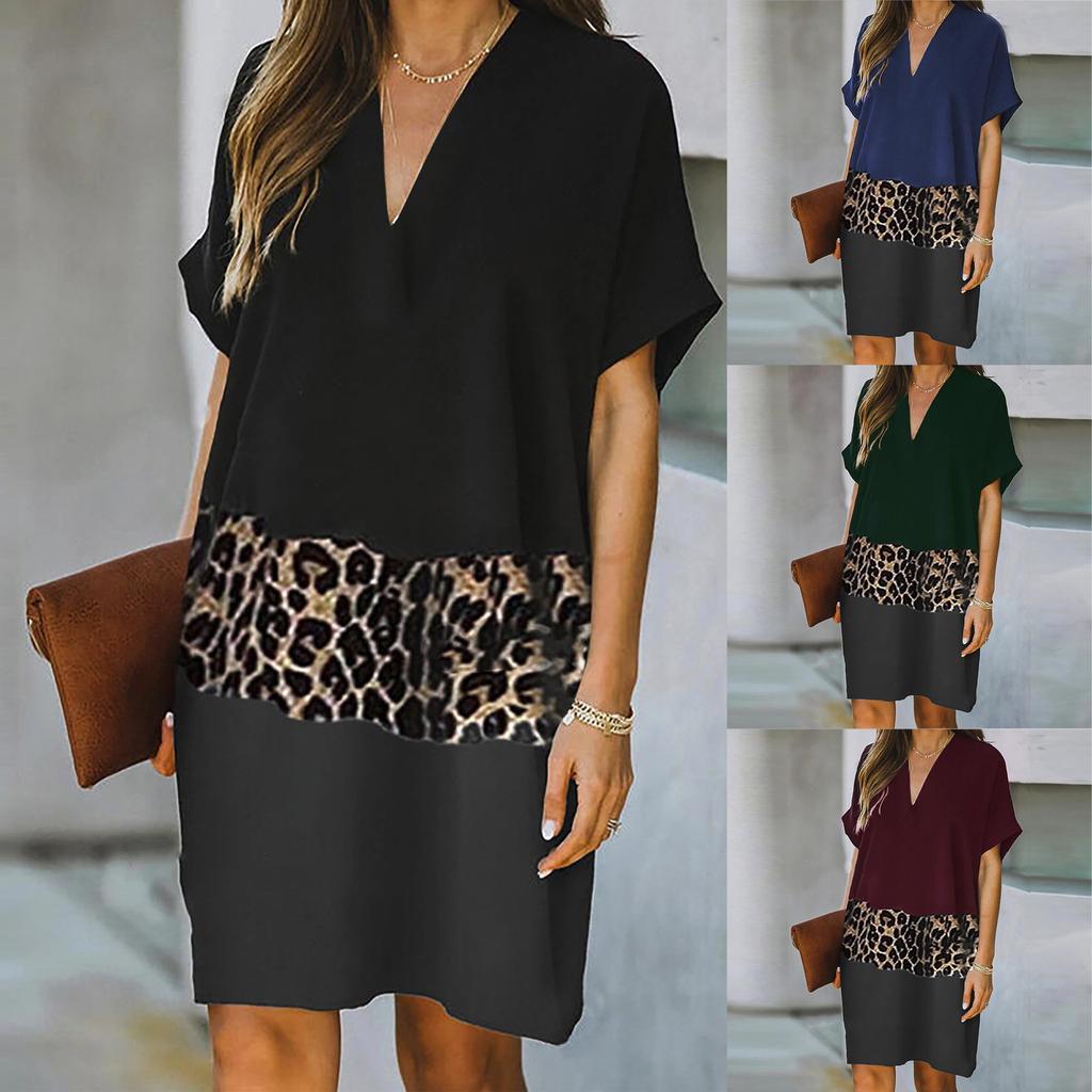 Women's Casual Fashion Print Short Sleeve Patchwork V-Neck Knee-Length Dress