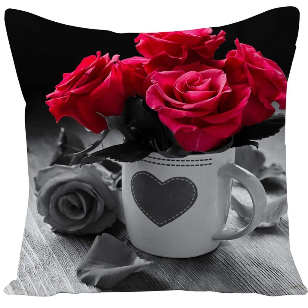 Red Rose Flower Print Pillowcase Sofa Cushion Cover Home Improvement