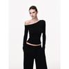 Black Long-sleeved Shirt Women's Spring One-word Shoulder Slim-fitting and Thin Bottoming Shirt Slanted Shoulder Short American Sexy Top