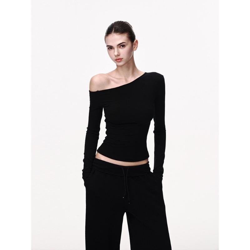 Black Long-sleeved Shirt Women's Spring One-word Shoulder Slim-fitting and Thin Bottoming Shirt Slanted Shoulder Short American Sexy Top