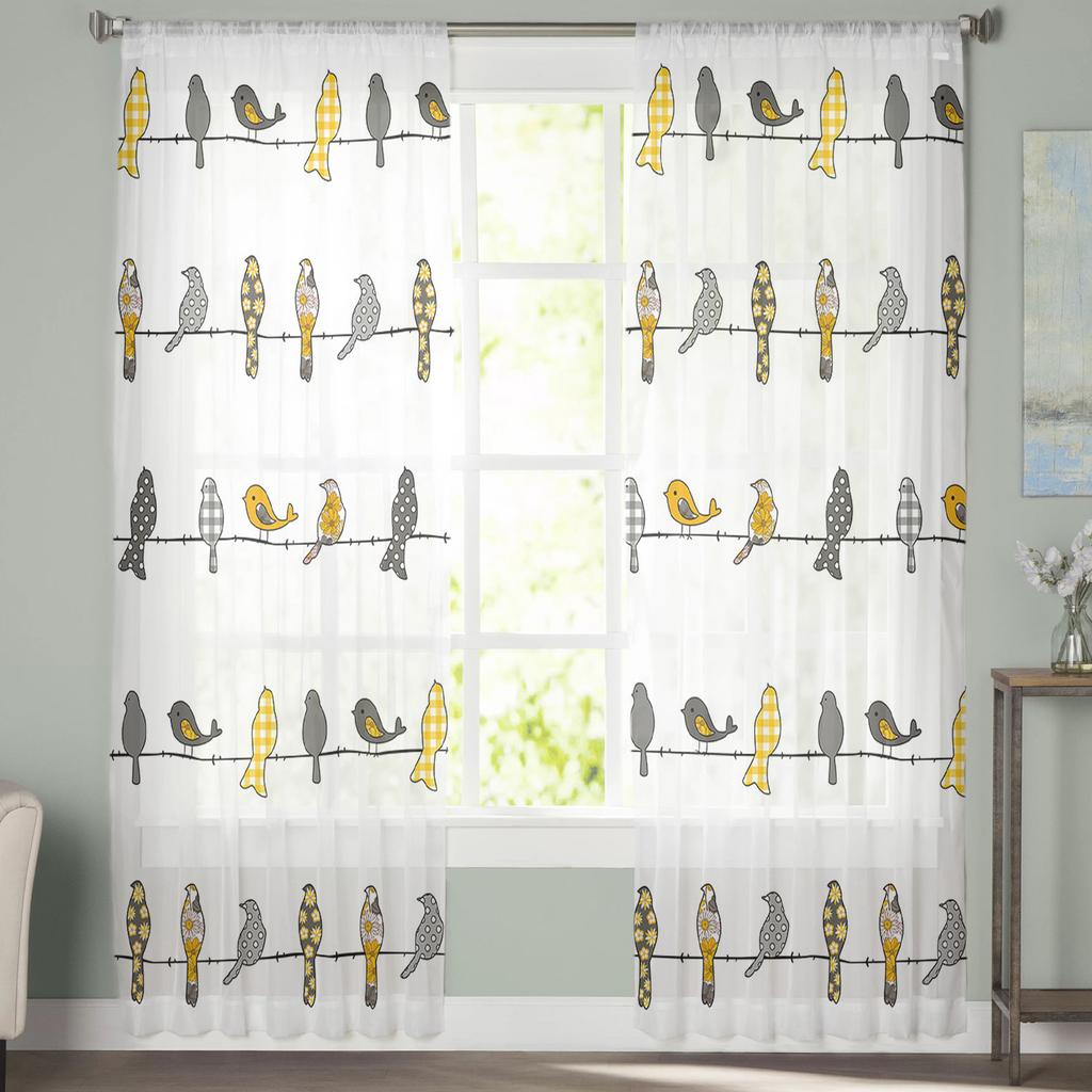Bird Plaid Flower Yellow Orange Sheer Curtains For Living Room Bedroom Home Decor Kitchen Tulle For Windows Voile Drapes