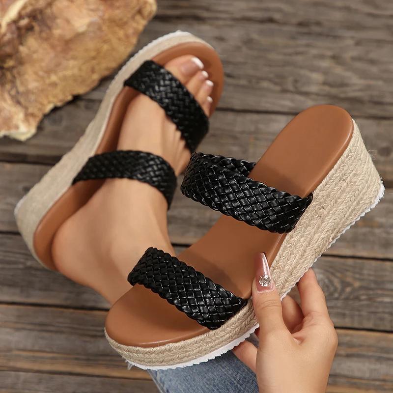 Fashion Women Shoes Plus Size 35-43 Woven Band Wedges Sandals Women Summer Platform High Heels Slippers Woman Weave Thick Sole Sandles
