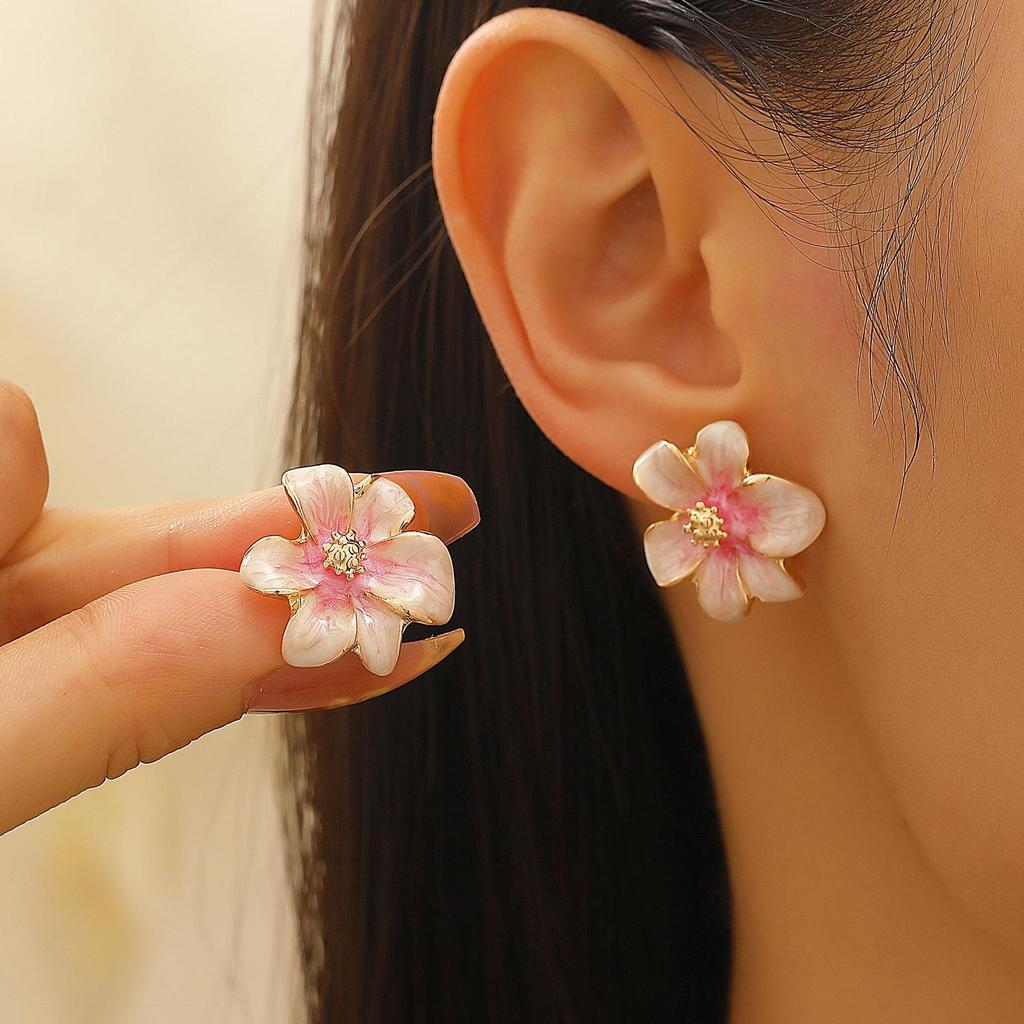 Colorful Drip Oil Flower Stud Earrings - Simple Double-Layer Petal Design for Women, Perfect for Spring and Summer