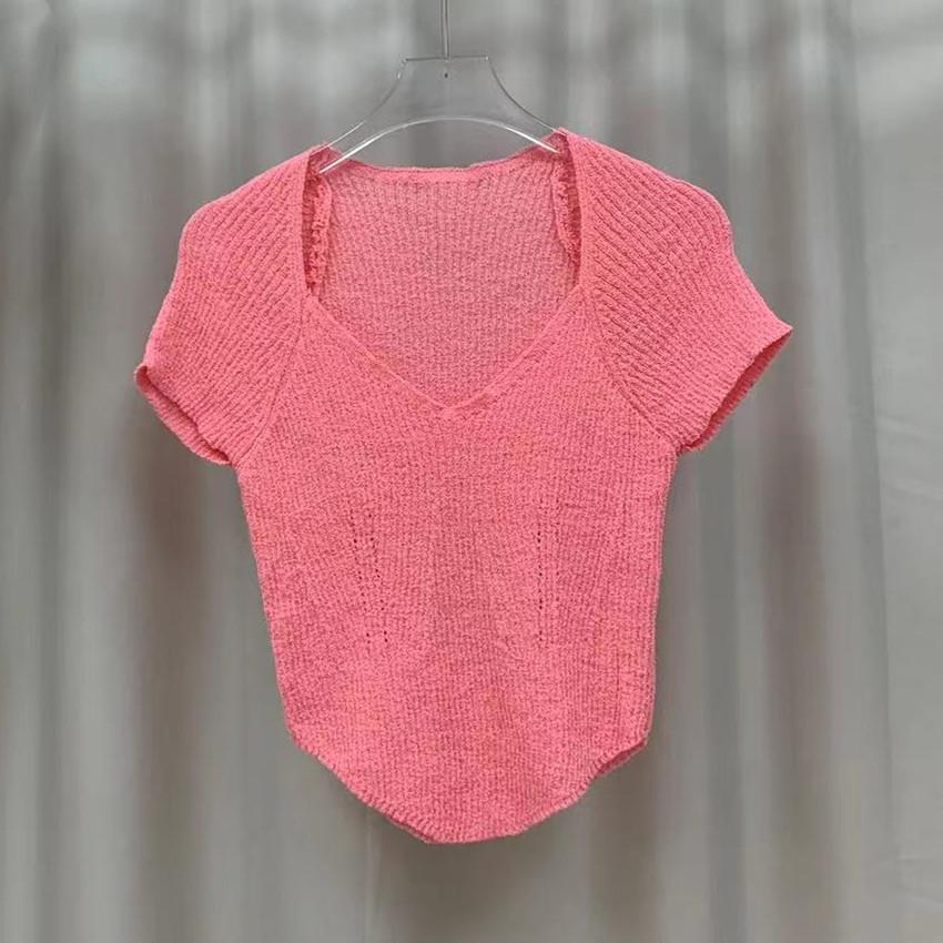 Pletená košile s krátkým rukávem s výstřihem do V Dámské letní modely Smysl pro design s pozitivním ramenem Niche Slim Krátké Nepravidelné Sladěné Topy Ležérní Pulovry Trička