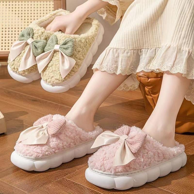 Cotton slippers women's autumn and winter home home home non-slip and warm new cute plush bow bag and cotton drag girl
