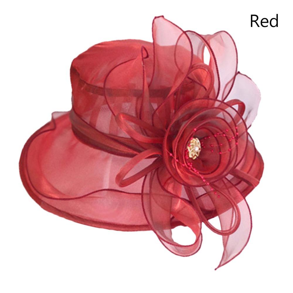 

Flower Mesh Organza Hat UV Protection Breathable Bridal Tea Party Wedding Cap Wide Brim Beach Hat красный