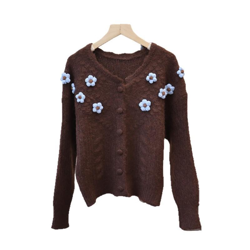 Three-dimensional flower knitted cardigan autumn and winter new age-reducing design temperament versatile sweater jacket women