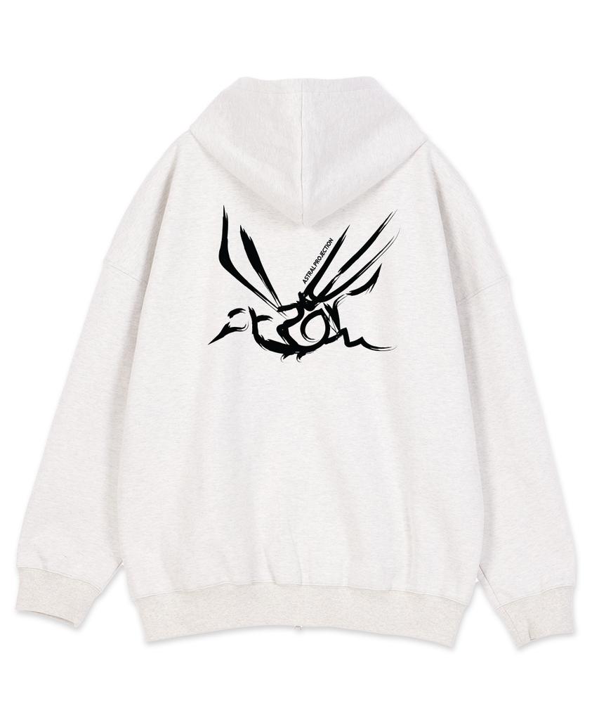 Astral Projection Crows Oversized Wide Shoulder Zip-Up Hoodie_Oatmeal