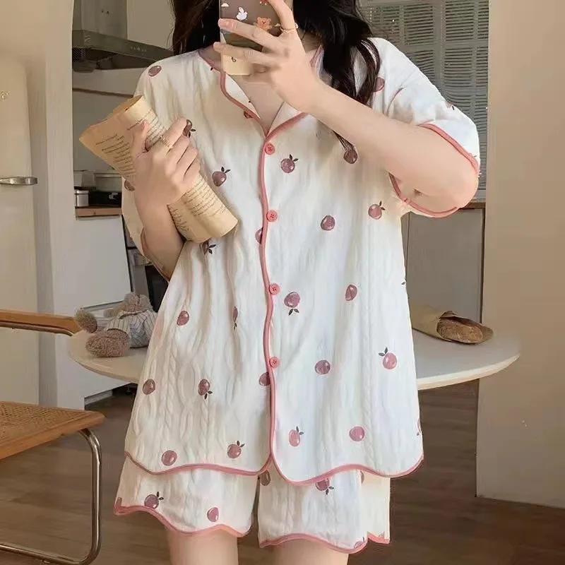 Pajamas Female Summer Cartoon Young Ladies Students Cardigan Short-Sleeved Shorts Thin Section Homewear Two-Piece Suit