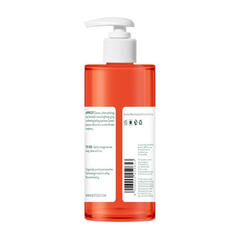 Biotique Gel Douche Rafraîchissant Abricot 300ml, Illumine & Adoucit la Peau, Extraits Botaniques 100% Naturels, Gel Apaisant pour Tous Types de Peau