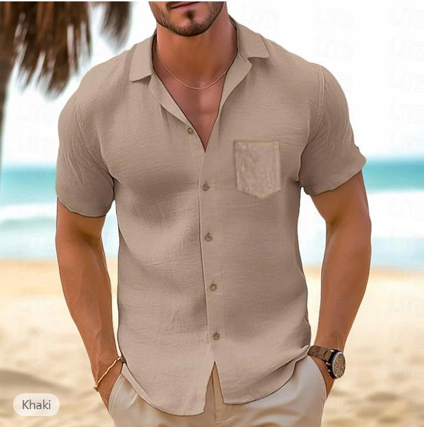 Men's summer retro linen loose Henry shirt casual beach shirt