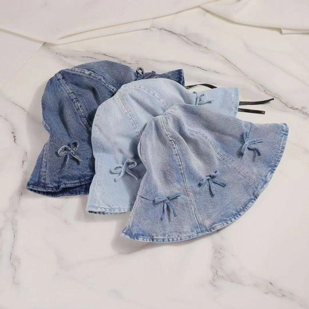 Korean Style Bow Fisherman Hat Sweet Sunscreen Hat Fashion Denim Bucket Hats  For Women