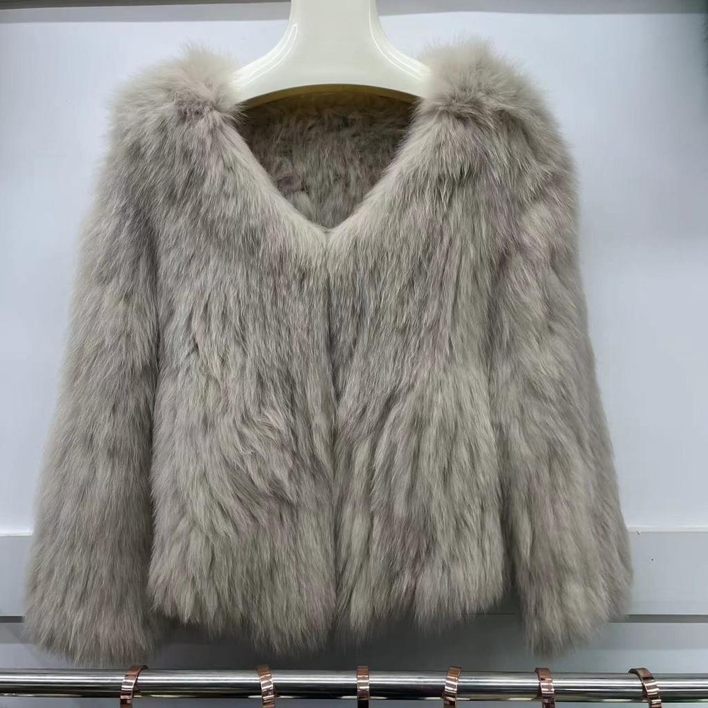 Real Fox Fur Woven Fashion Coat for Women Short Style Long Front and Short Back V-neck Fur Double-sided Young Top