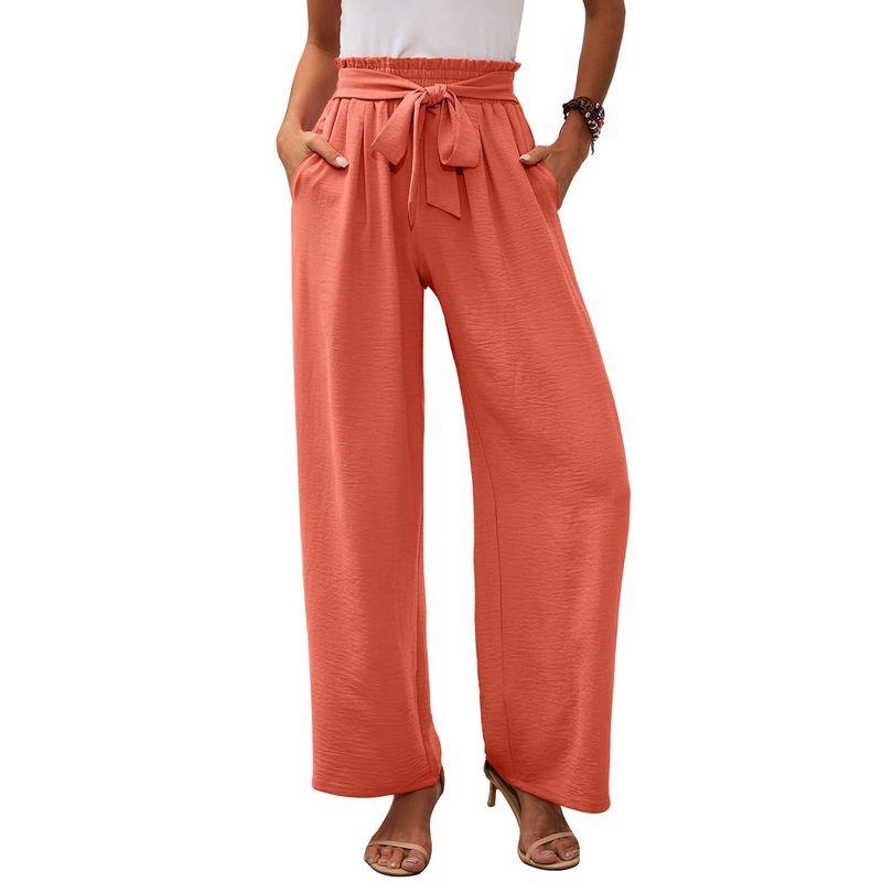 Solid Color Elastic Waistband Tied Pants Solid Elastic Waist Tether Pants Women