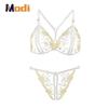 Sexy Three Point Embroidery Underwear Set Plus Size Adjustable Erotic Open Crotch Thong Flower Lingerie Micro Bikini Cupless Bra 2 piece set