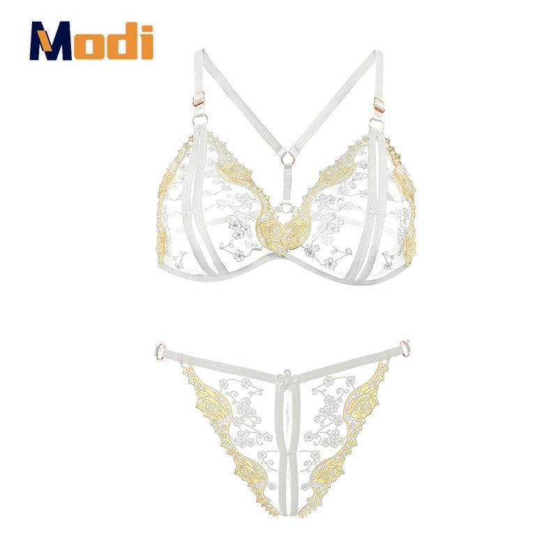 Sexy Three Point Embroidery Underwear Set Plus Size Adjustable Erotic Open Crotch Thong Flower Lingerie Micro Bikini Cupless Bra 2 piece set