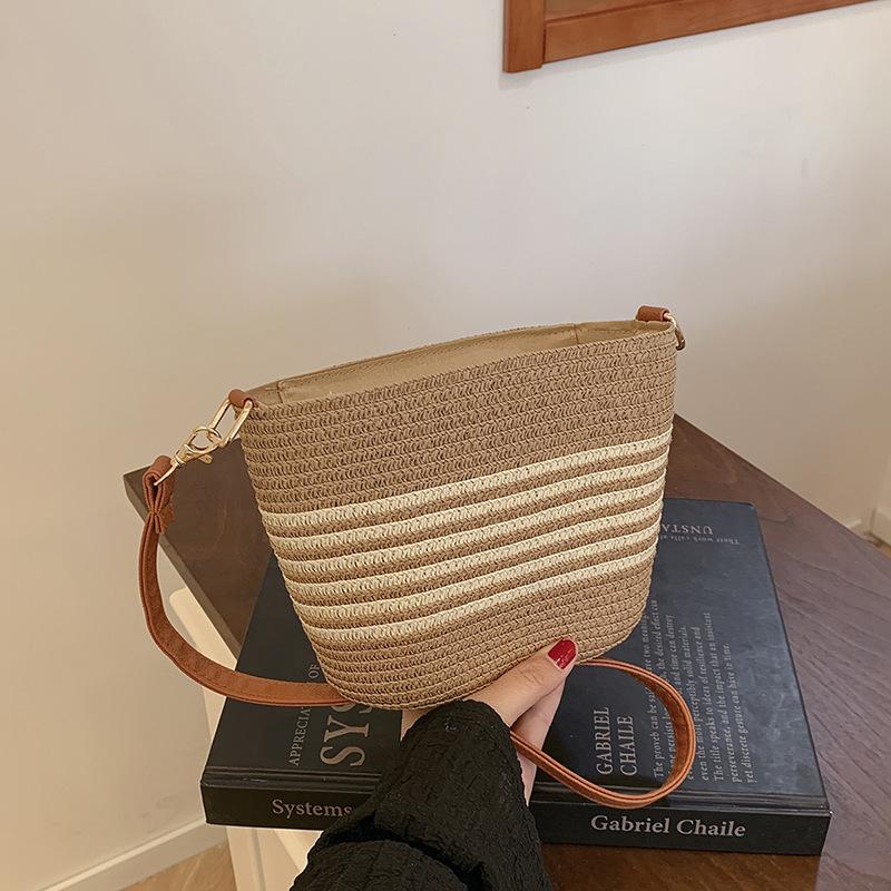 Striped Woven Small Bag Women's 2025 New Trendy Fashion Straw Woven Bucket Bag Summer Seaside Vacation Beach Bag