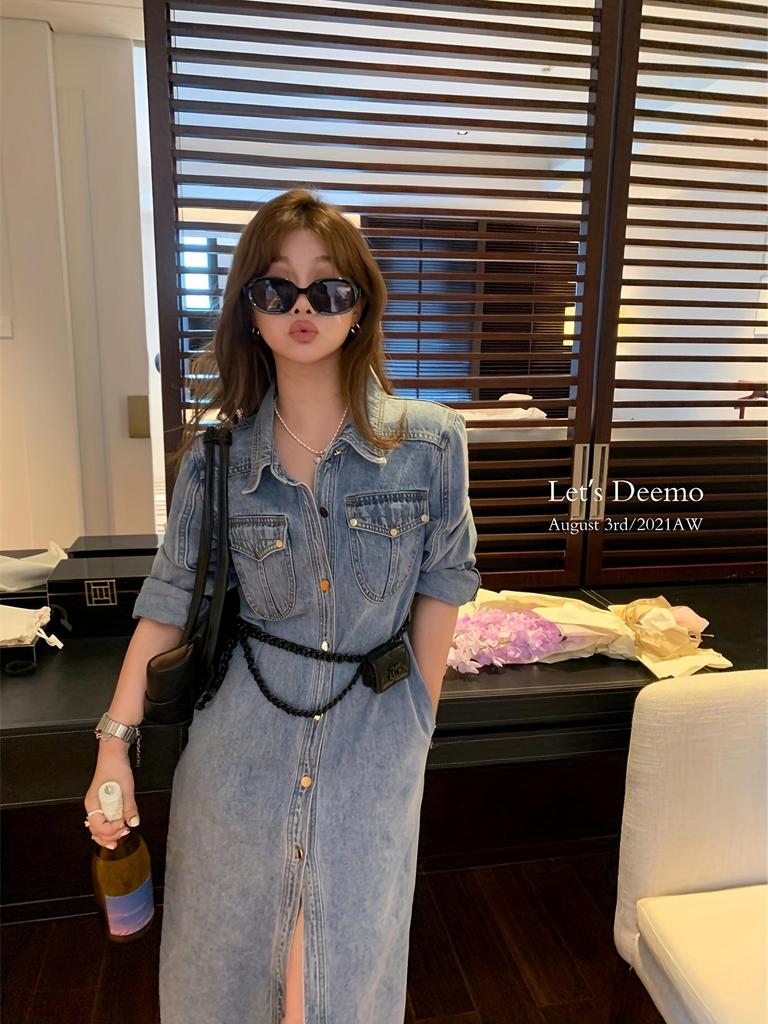 Women's Denim Dress: Spring/Autumn Long Sleeve Tie-Up Skirt with High-End Mid-Length Slit - 39315
