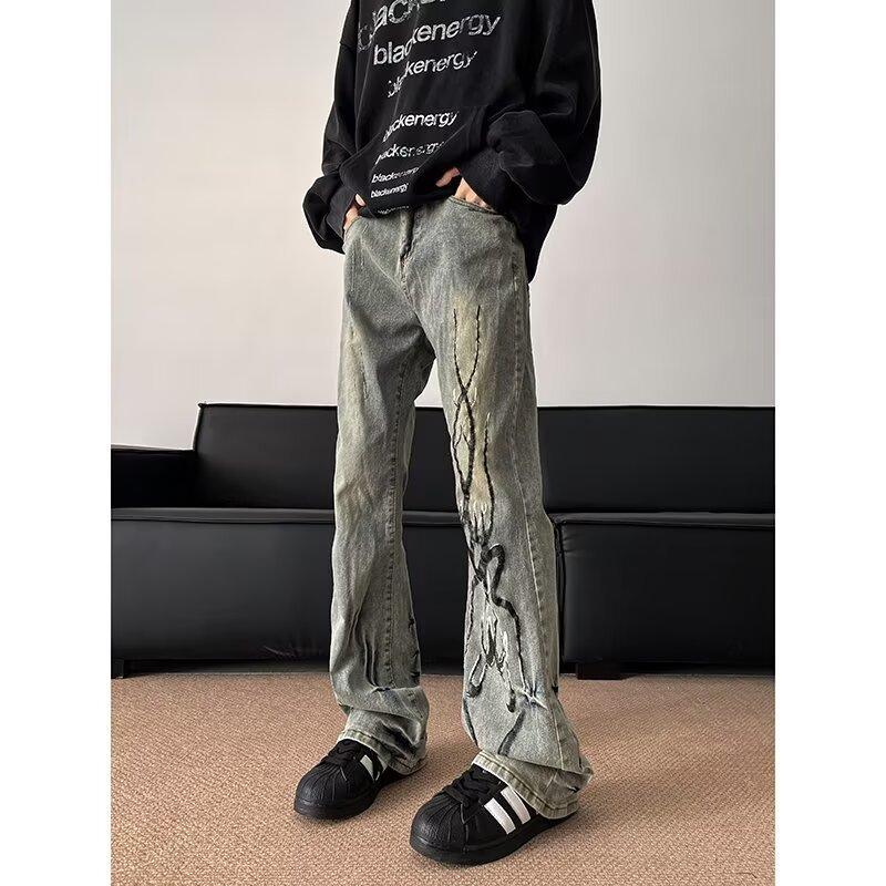 American high street washed old retro micro-horn jeans men's flame afterimage printing thin floor pants