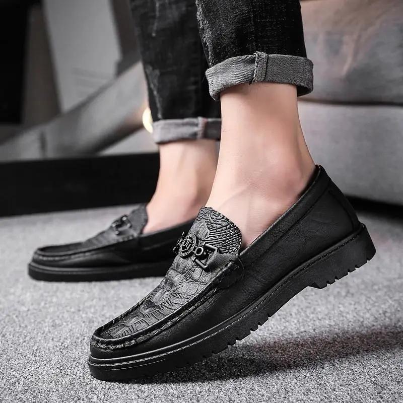 Fashion Round Toe Male Casual Shoe Non Slip and Waterproof Flat Men's Leather Shoes Common Summer Sale Classic Original Luxury Adults Pu