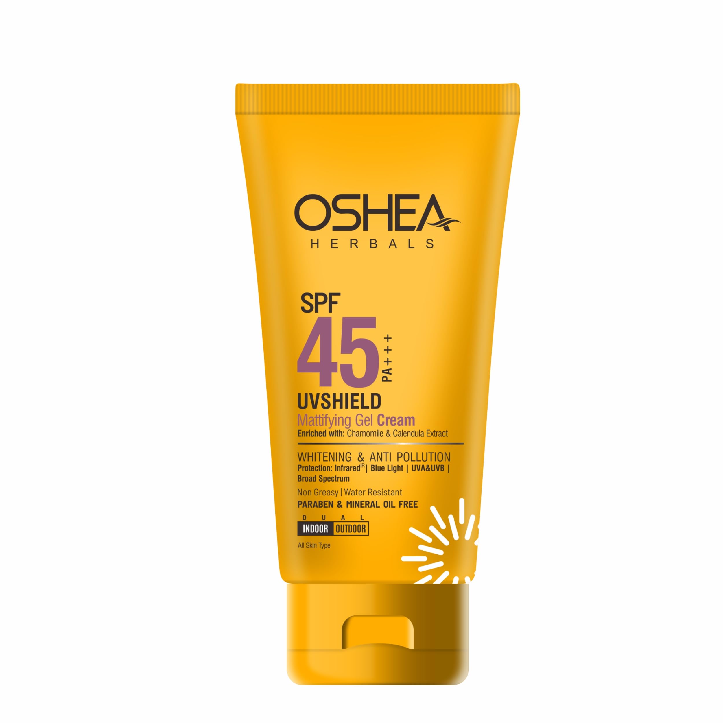 Oshea Herbals UVShield Матирующий Гель-Солнцезащитное Средство SPF 45 PA+++ для Мужчин и Женщин | Нежирное и Водостойкое с Защитой от UVA и UVB | Обогащен