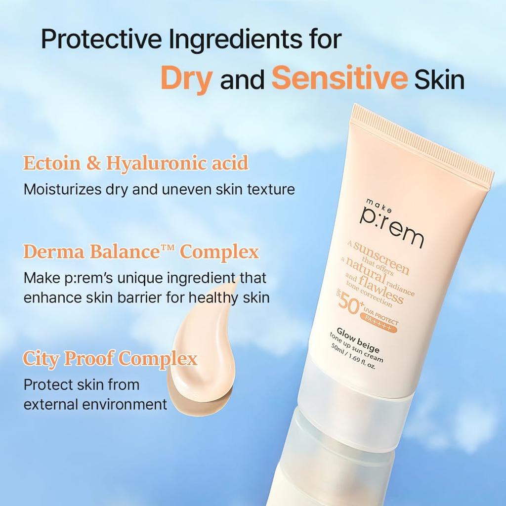 MAKE P:REM Glow Beige Tone Up Sun Cream SPF50+ PA++++  50ml, Long-lasting Tone Up, Moisturizing, Korean Cosmetics, Kbeauty