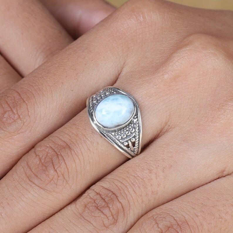 Natural Larimar Gemstone Ring, Solid 925 Sterling Silver, Birthstone Jewelry, Silver Charm Jewelry, Oval Ring