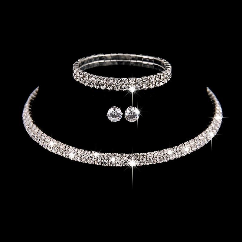 Elegant Bridal Jewelry Set: Rhinestone Earrings, Bracelet & Zircon Choker серебряный