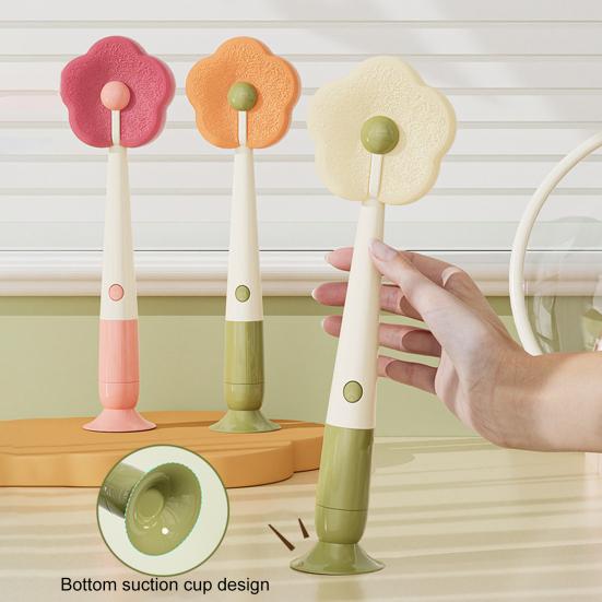 Cleaning Brush with Suction Cup Base Removable Flower Sponge Head Three-in-One Functions Multi-functional Cleaning Brush