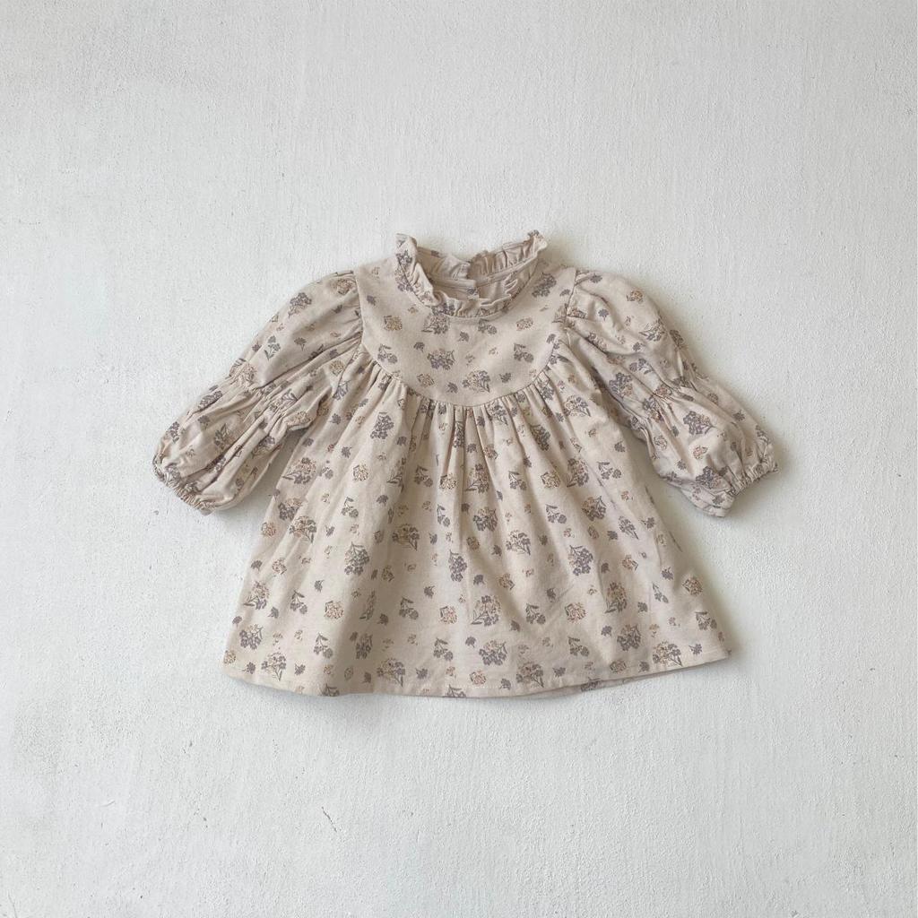 Spring Baby Girl Retro Court Princess Floral Dress with Flower Bud Collar.