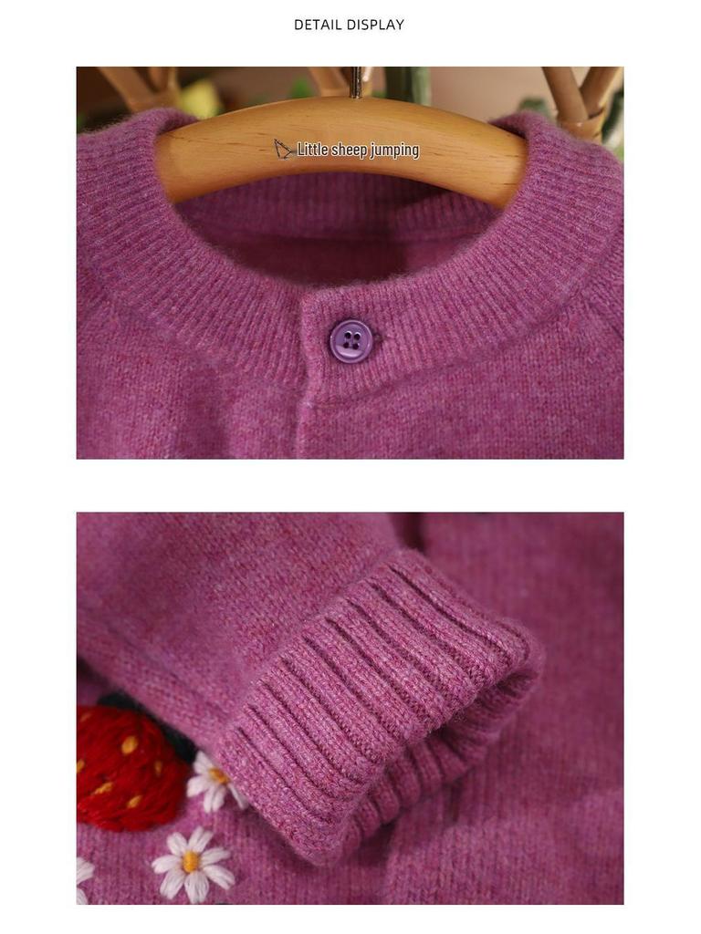 Girls' 100% Cashmere Purple Cardigan - Heavy Duty, Embroidered Knit Sweater for Spring & Autumn.