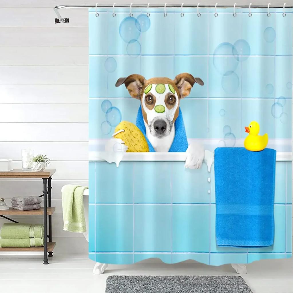 Duck Shower Curtain Cartoon Character Taking A Bath Colorful Drops Backdrop Dots,Cloth Fabric Bathroom Curtains With Hooks