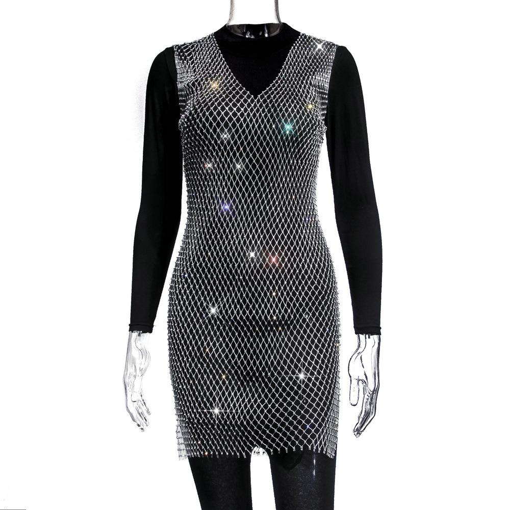 Women's Grid Flash Diamond Fishnet Dress Spice Girl Wind Dress Sex Dress