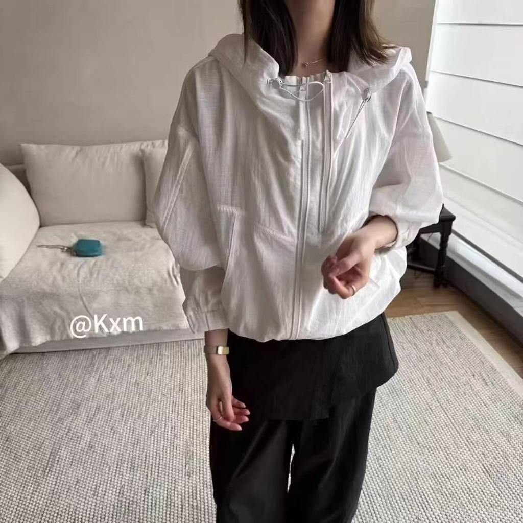 Women's Summer Korean Style Hooded Short Jacket, Versatile and Loose with Double Zipper, Mesh Lining, Sun Protection, Thin.