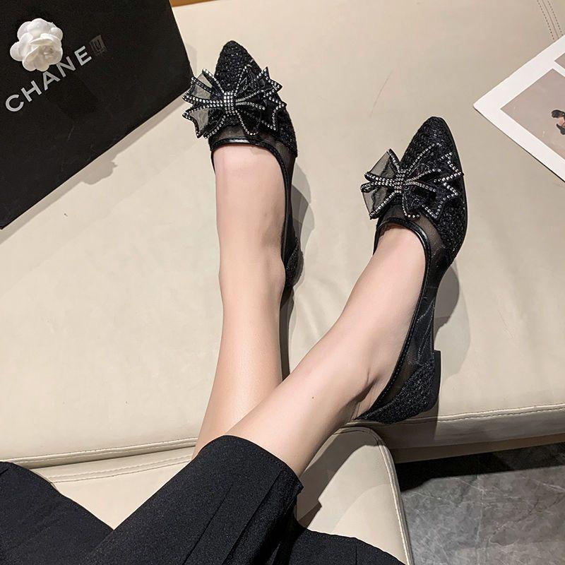 Xianfeng Flat-bottomed Mesh Student Evening Shoes Pointed Bow Shallow Mouth Summer Cool Hollow Single Shoes