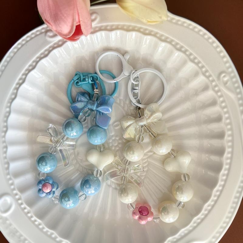 1Pcs Creative Little Fresh Candy Color Heart-Motif Cartoon Bow Beaded Phone Chain Functional Backpack Decor Gift For Girls