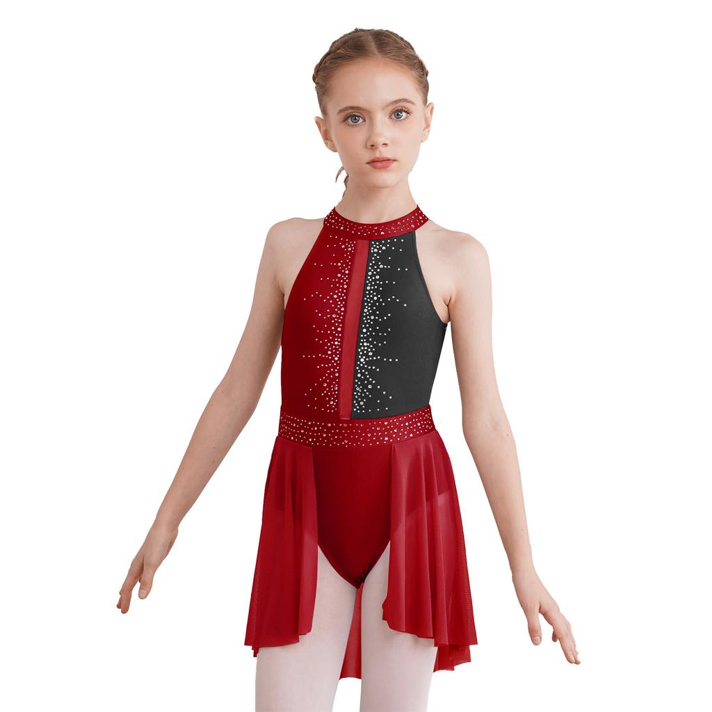 Girls Sleeveless Round Collar Shiny Rhinestone Decorated Backless Lyrical Dance Dress Performance Gown