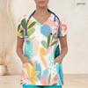 Dame Plus Size V-hals Kortærmet Blomsterprintet Sygeplejerske Kittel Top Med Lommer Foran