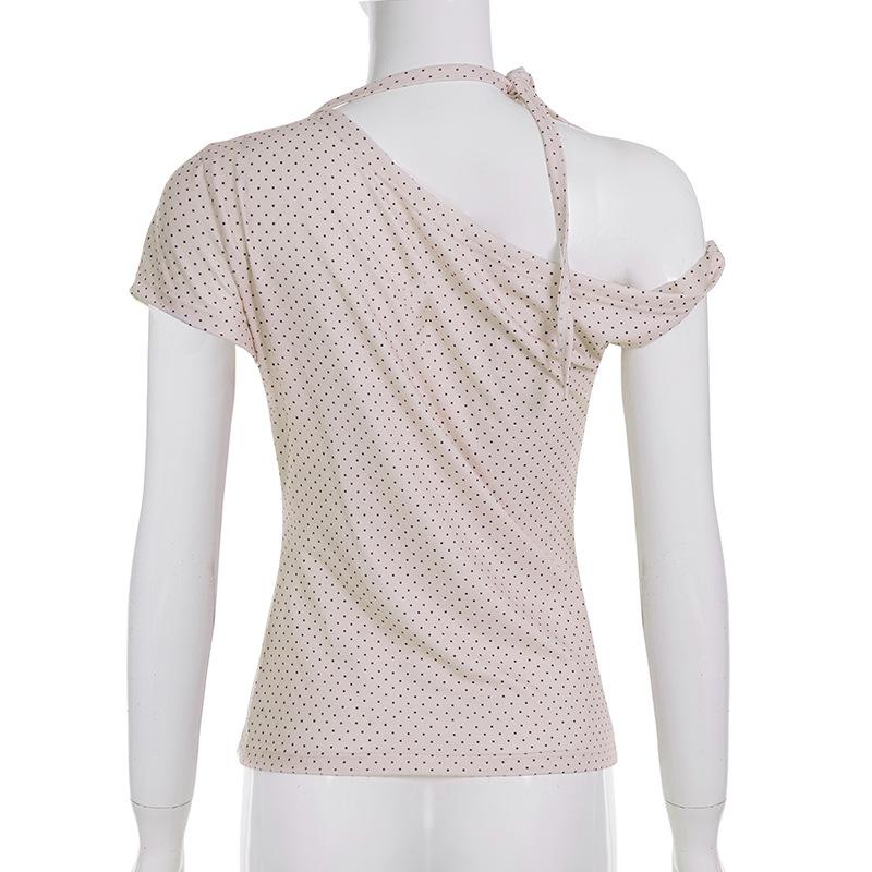 2026 New Women Sweet Polka Dot Halter Top Backless Knot Slim Fit Short Sleeve Tee INS Streetwear Fashion Casual Tops