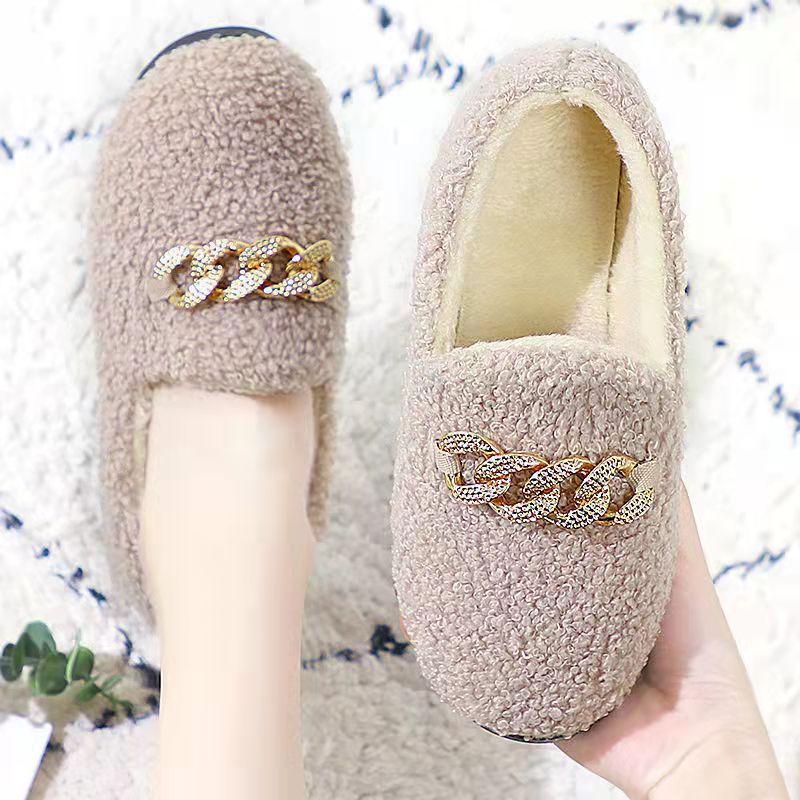 2025 Autumn/Winter Korean-Style Moccasins: Women's Indoor/Outdoor Shallow Cut Velvet Cotton Shoes