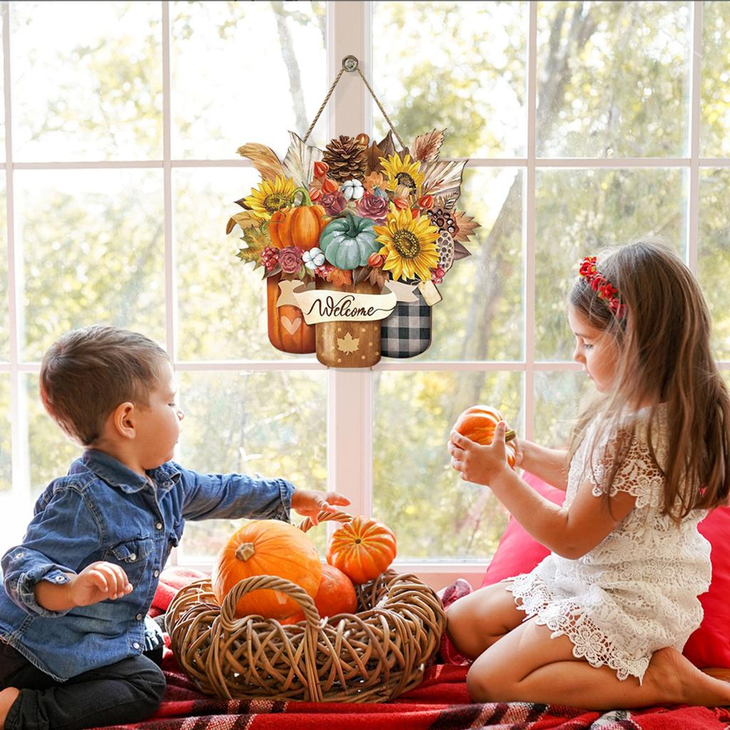 Thanksgiving Autumn Wooden Maple Leaf Welcome Door Sign Hanging Door Decoration 2D