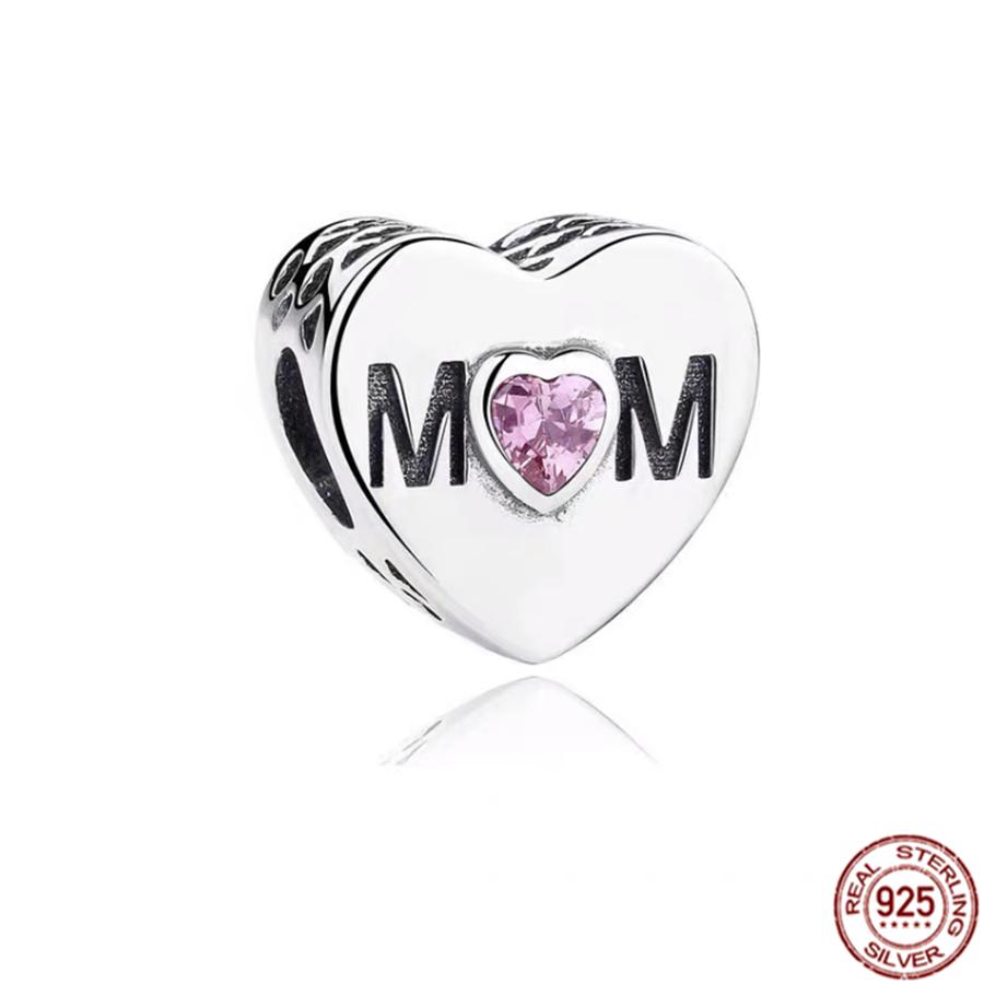 Fine S925 Sterling Silver Love You Mom Double Heart Split Dangle Charm Beads Fit Original  Bracelet DIY Women Jewelry Gift